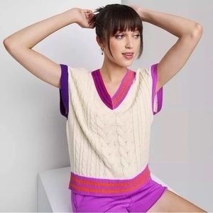 Wild Fable Cable Knit Striped Sweater Vest Almond Cream & Pink Size Medium